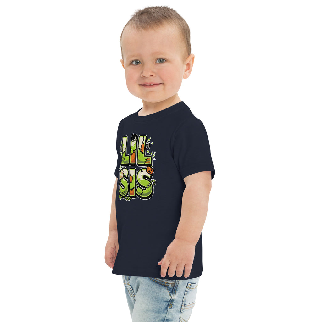 LIL SIS Halloween monster name Toddler Jersey T-Shirt in Navy with spooky front lettering and blank back