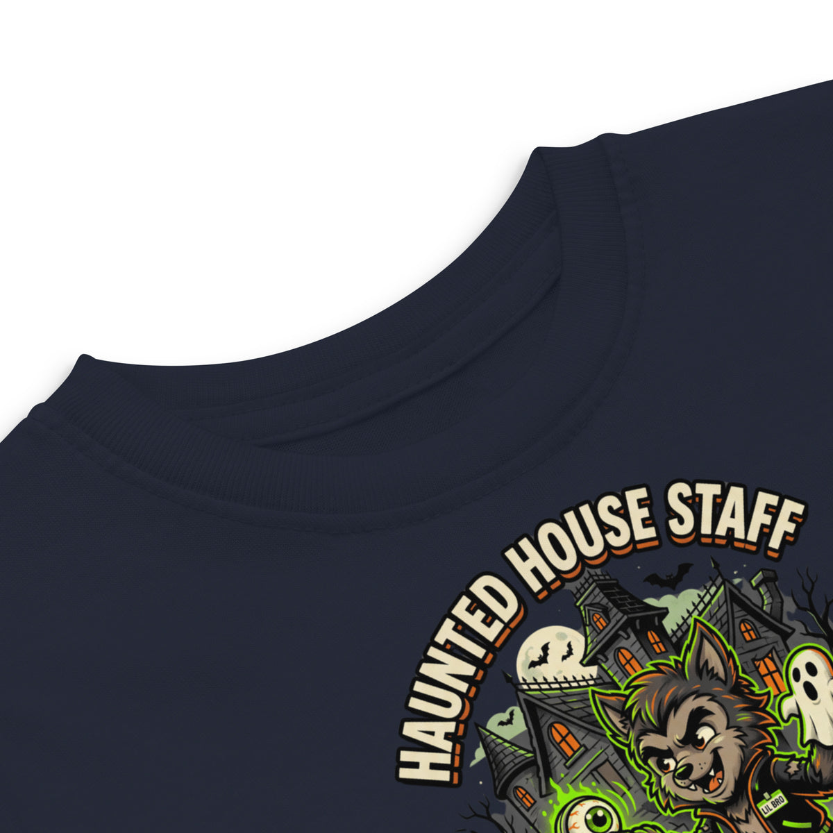 Haunted House Staff Lil Bro “Doorbell Boo Crew” Toddler Jersey T-Shirt with Doorbell Boo Crew front design and matching LIL BRO back graphic for Halloween family outfits