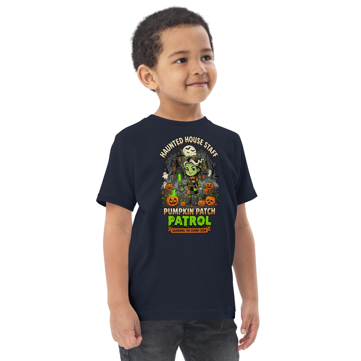 Haunted House Staff Lil Sis “Pumpkin Patch Patrol” Toddler Jersey T-Shirt with Pumpkin Patch Patrol front design and matching LIL SIS back graphic for Halloween family outfits