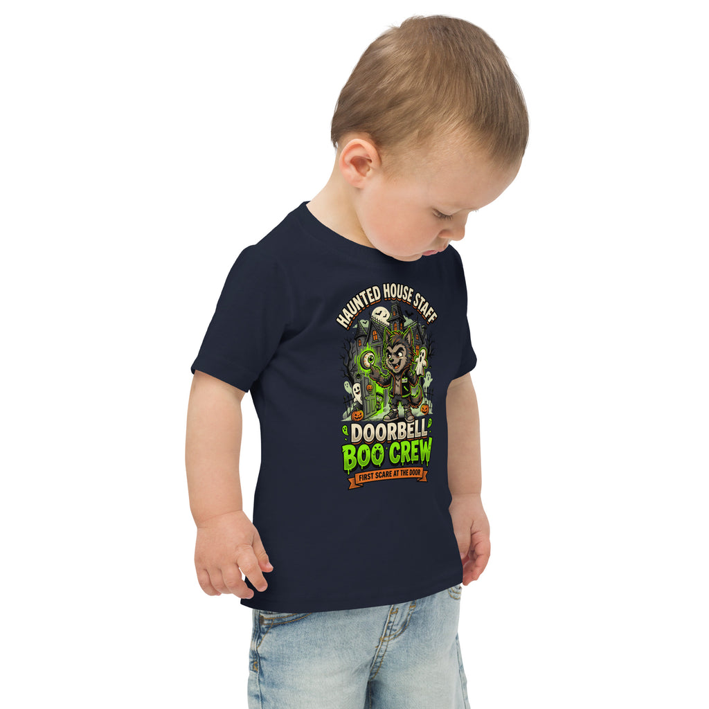Haunted House Staff Lil Bro “Doorbell Boo Crew” Toddler Jersey T-Shirt with Doorbell Boo Crew front design and matching LIL BRO back graphic for Halloween family outfits