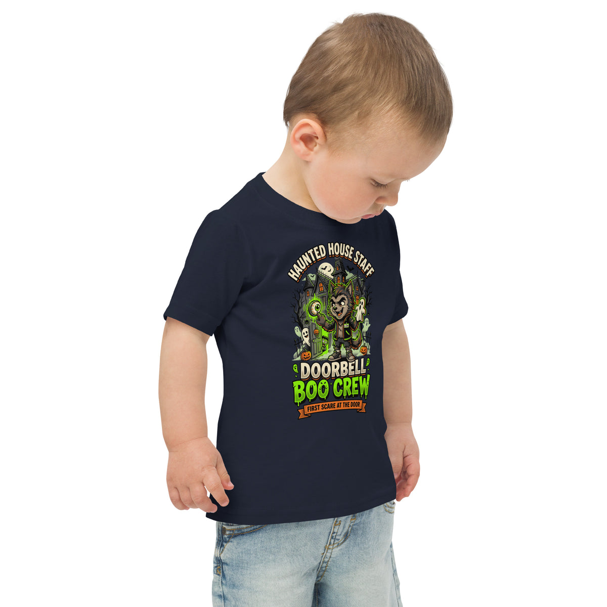 Haunted House Staff Lil Bro “Doorbell Boo Crew” Toddler Jersey T-Shirt with Doorbell Boo Crew front design and matching LIL BRO back graphic for Halloween family outfits