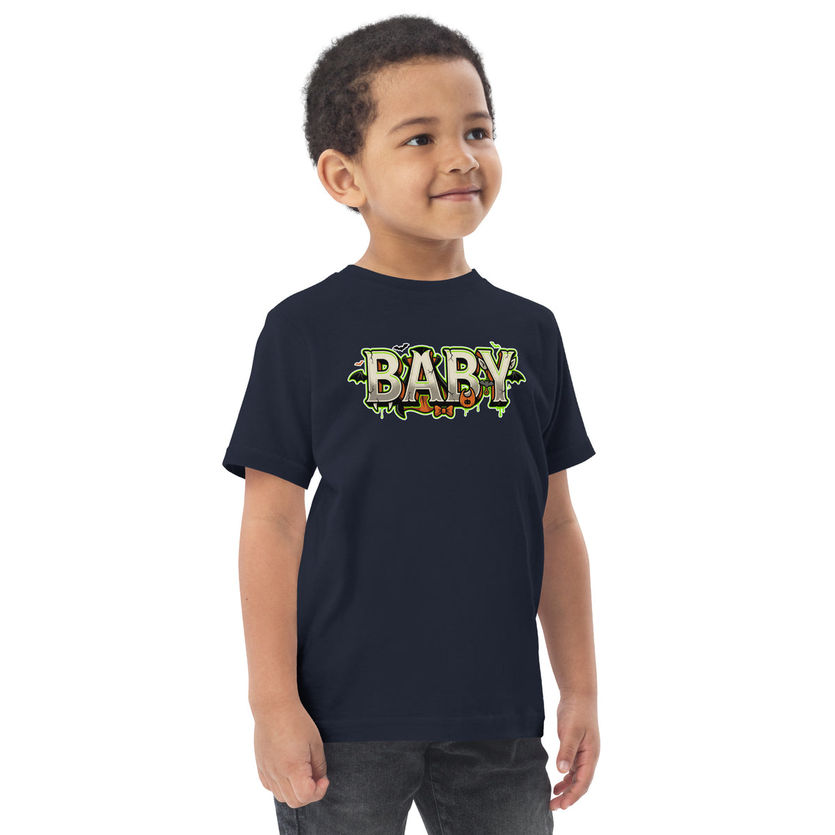 BABY Halloween monster name Toddler Jersey T-Shirt in Navy with spooky front lettering and blank back
