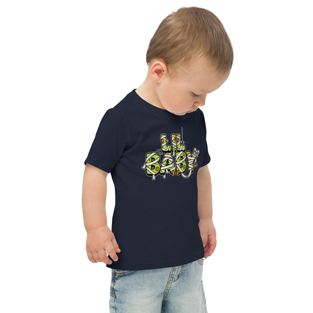 LIL BABY Halloween monster name Toddler Jersey T-Shirt in Heather with spooky front lettering and blank back