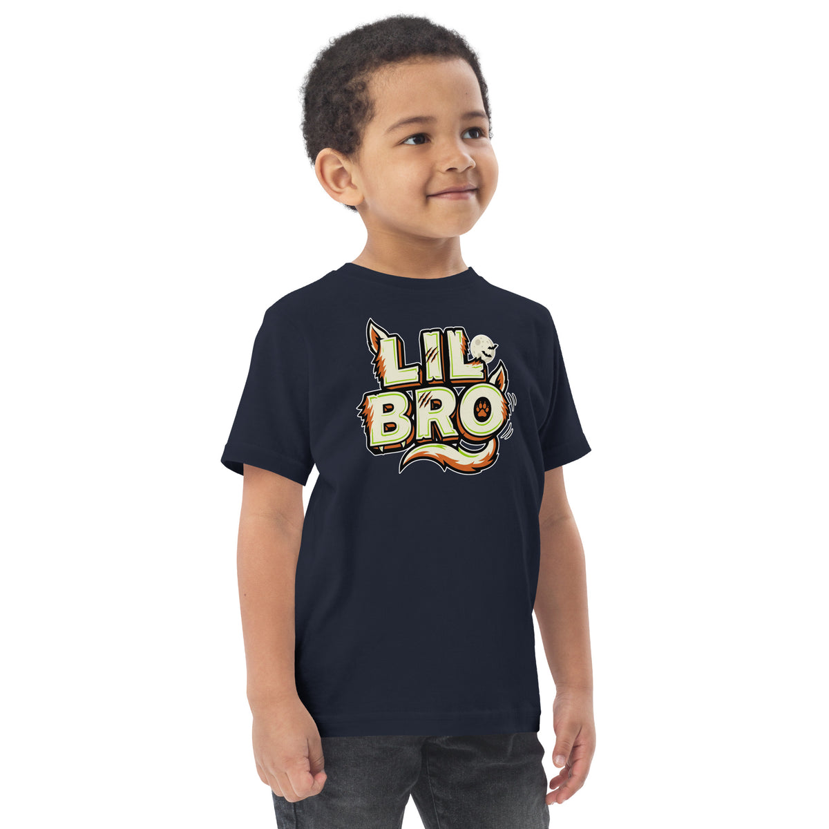 LIL BRO Halloween monster name Toddler Jersey T-Shirt in Navy with spooky front lettering and blank back