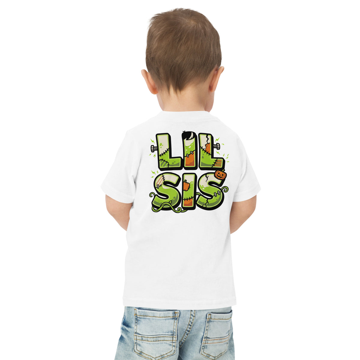 Haunted House Staff Lil Sis “Pumpkin Patch Patrol” Toddler Jersey T-Shirt with Pumpkin Patch Patrol front design and matching LIL SIS back graphic for Halloween family outfits