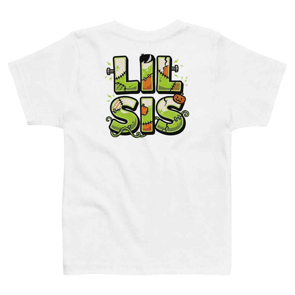 Haunted House Staff Lil Sis “Pumpkin Patch Patrol” Toddler Jersey T-Shirt with Pumpkin Patch Patrol front design and matching LIL SIS back graphic for Halloween family outfits