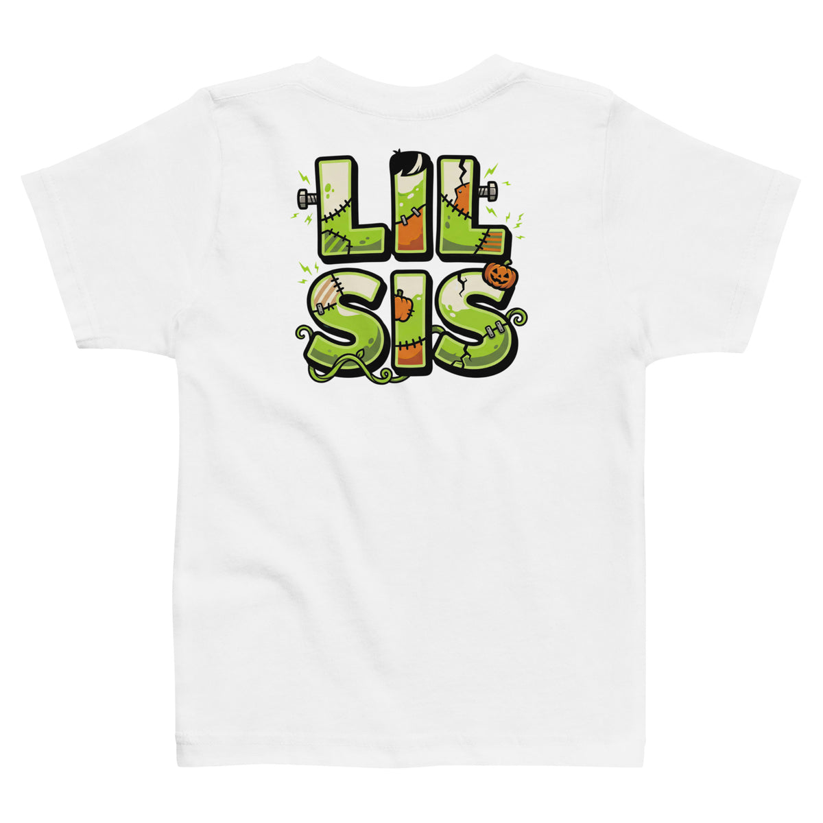 Haunted House Staff Lil Sis “Pumpkin Patch Patrol” Toddler Jersey T-Shirt with Pumpkin Patch Patrol front design and matching LIL SIS back graphic for Halloween family outfits