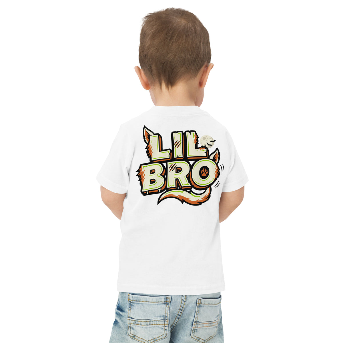 Haunted House Staff Lil Bro “Doorbell Boo Crew” Toddler Jersey T-Shirt with Doorbell Boo Crew front design and matching LIL BRO back graphic for Halloween family outfits
