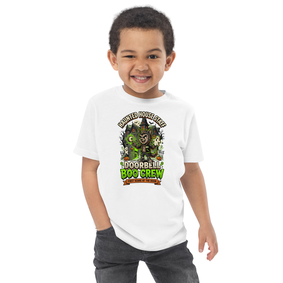 Haunted House Staff Lil Bro “Doorbell Boo Crew” Toddler Jersey T-Shirt with Doorbell Boo Crew front design and matching LIL BRO back graphic for Halloween family outfits