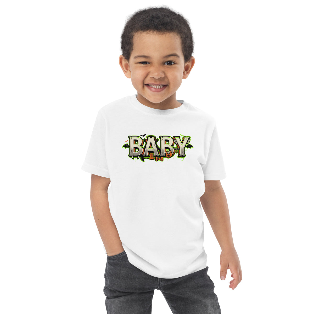 BABY Halloween monster name Toddler Jersey T-Shirt in Navy with spooky front lettering and blank back