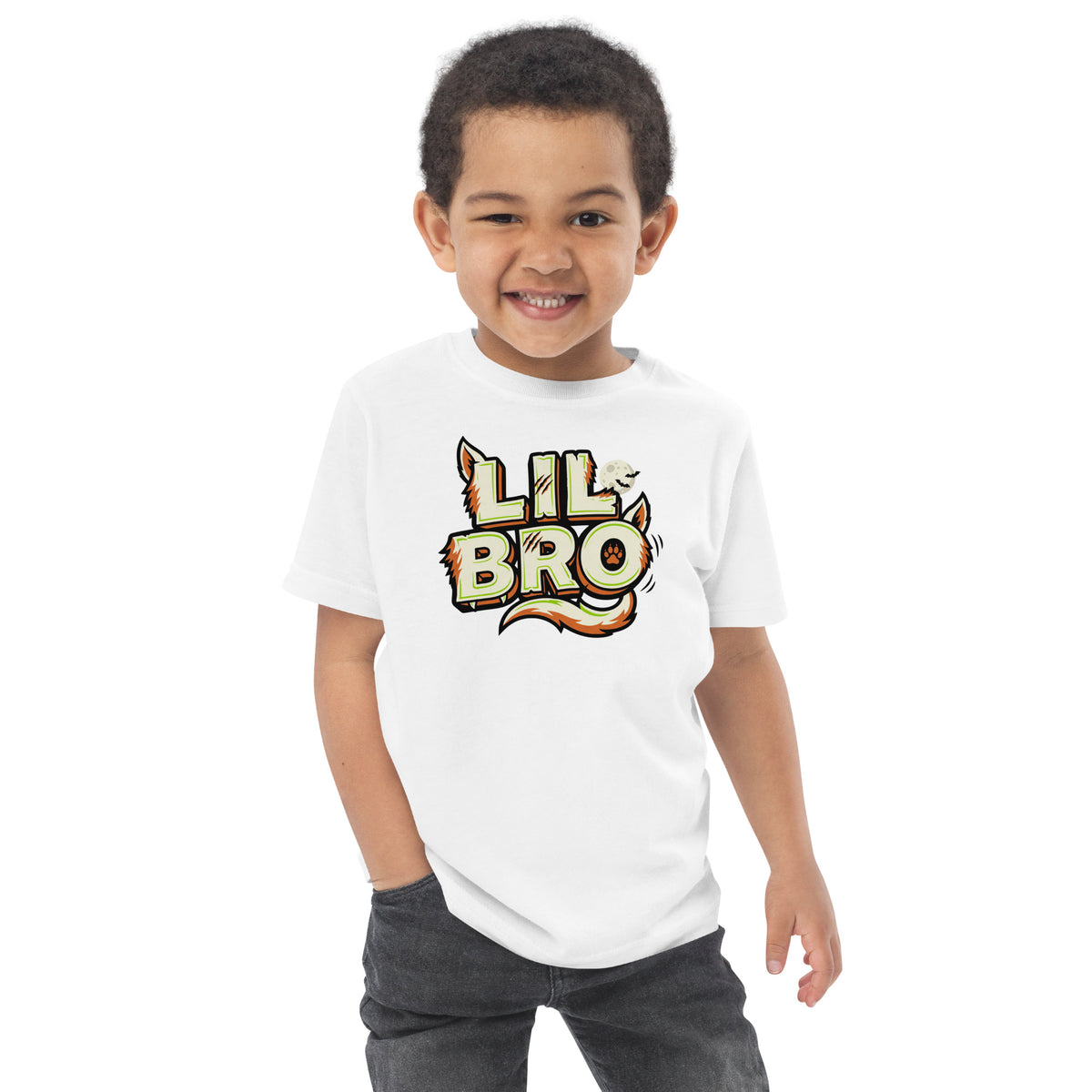 LIL BRO Halloween monster name Toddler Jersey T-Shirt in Navy with spooky front lettering and blank back