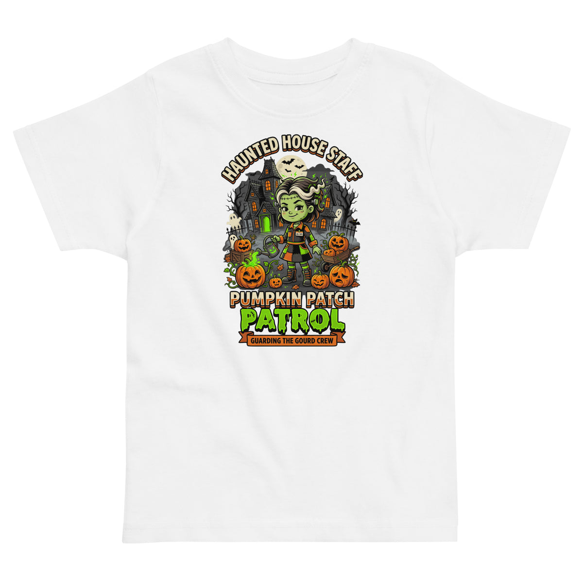 Haunted House Staff Lil Sis “Pumpkin Patch Patrol” Toddler Jersey T-Shirt with Pumpkin Patch Patrol front design and matching LIL SIS back graphic for Halloween family outfits