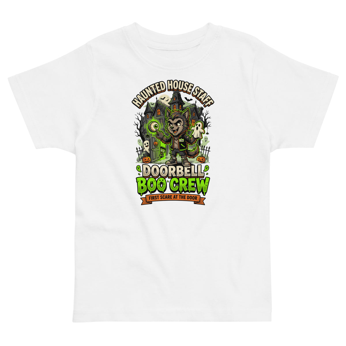 Haunted House Staff Lil Bro “Doorbell Boo Crew” Toddler Jersey T-Shirt with Doorbell Boo Crew front design and matching LIL BRO back graphic for Halloween family outfits