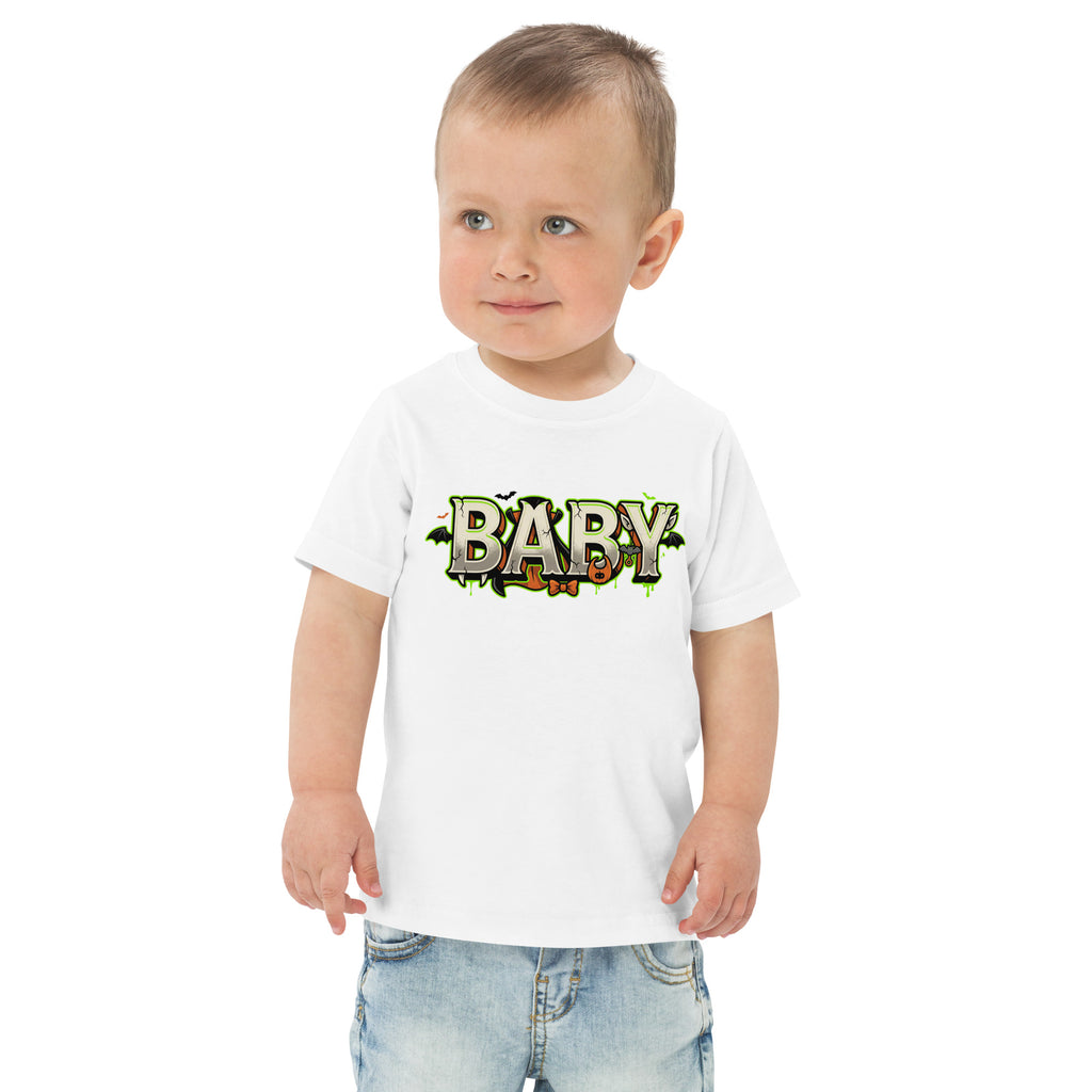 BABY Halloween monster name Toddler Jersey T-Shirt in Heather with spooky front lettering and blank back