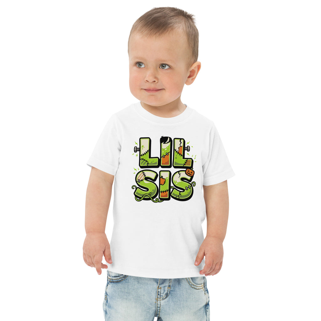 LIL SIS Halloween monster name Toddler Jersey T-Shirt in Navy with spooky front lettering and blank back