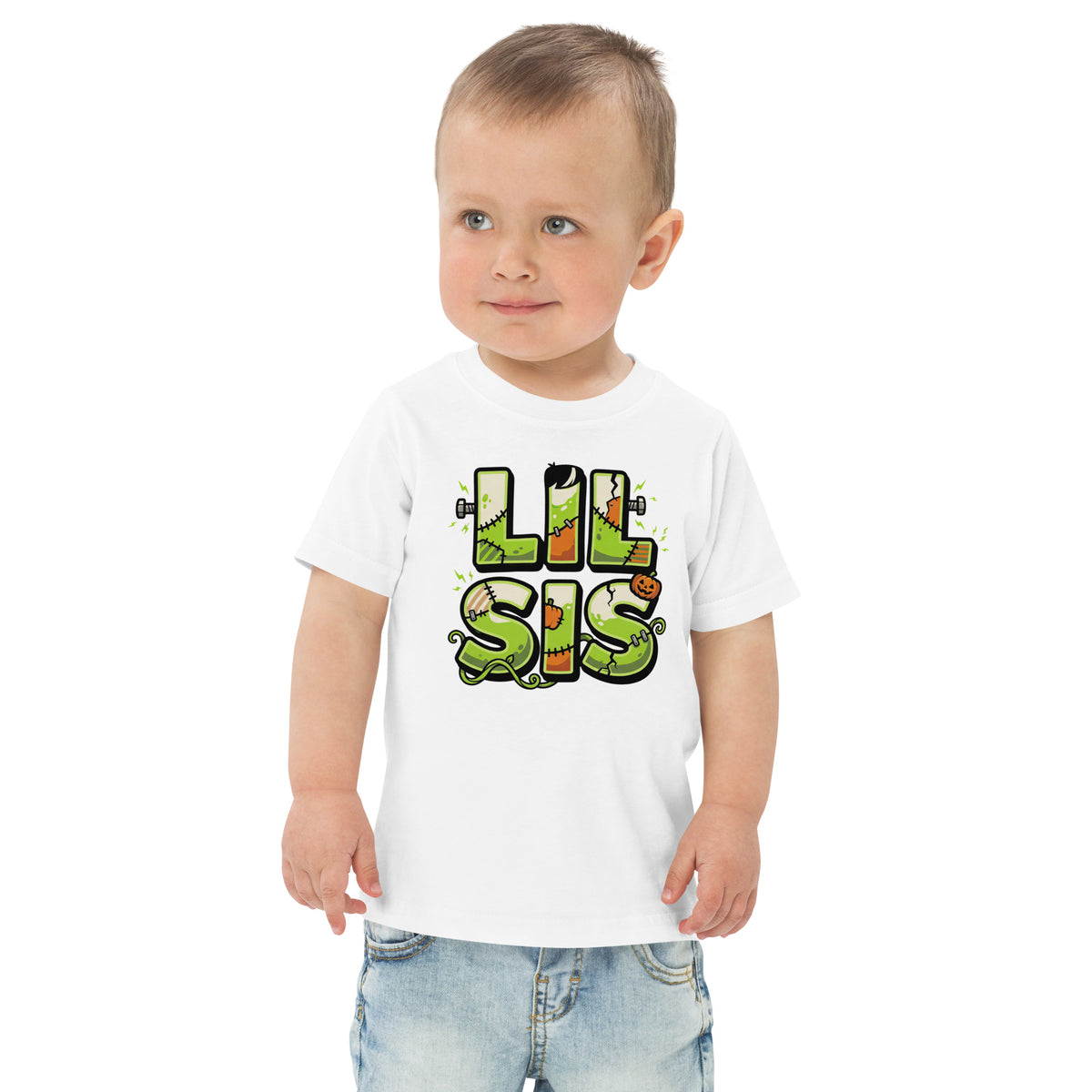 LIL SIS Halloween monster name Toddler Jersey T-Shirt in Navy with spooky front lettering and blank back