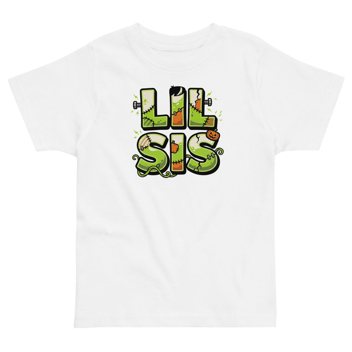 LIL SIS Halloween monster name Toddler Jersey T-Shirt in Black with spooky front lettering and blank back