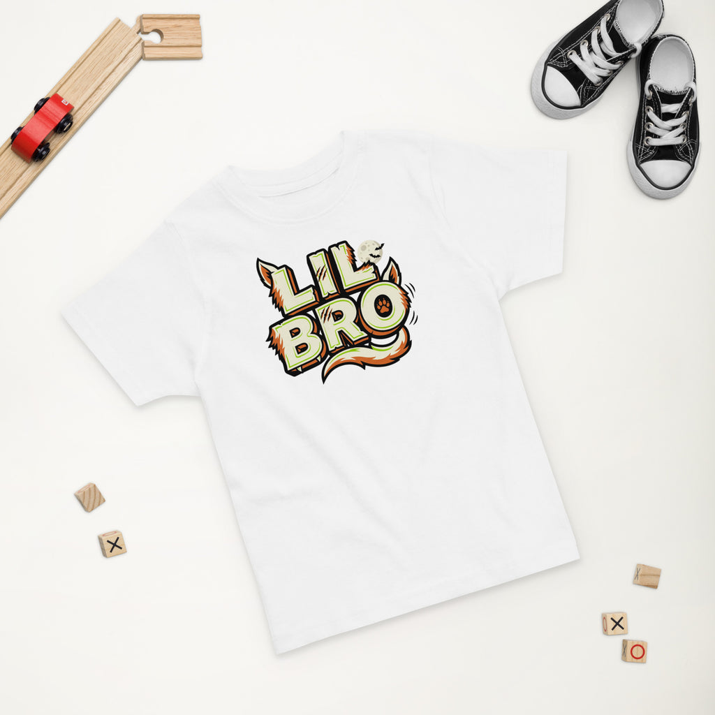 LIL BRO Halloween monster name Toddler Jersey T-Shirt in White with spooky front lettering and blank back