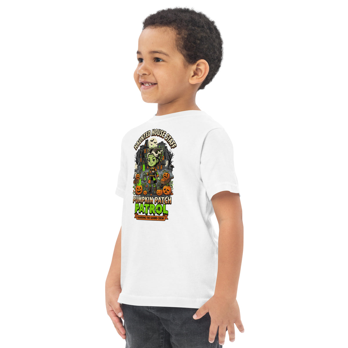Haunted House Staff Lil Sis “Pumpkin Patch Patrol” Toddler Jersey T-Shirt with Pumpkin Patch Patrol front design and matching LIL SIS back graphic for Halloween family outfits