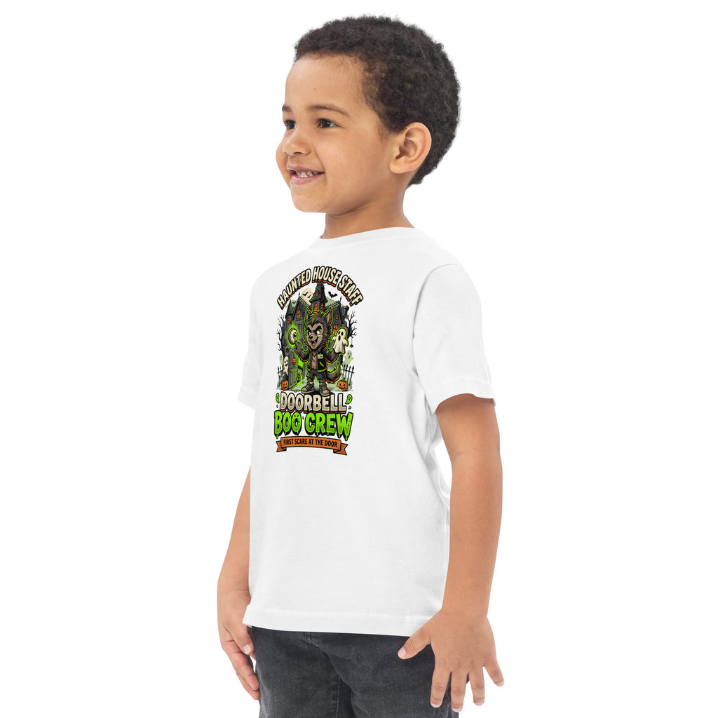 Haunted House Staff Lil Bro “Doorbell Boo Crew” Toddler Jersey T-Shirt with Doorbell Boo Crew front design and matching LIL BRO back graphic for Halloween family outfits