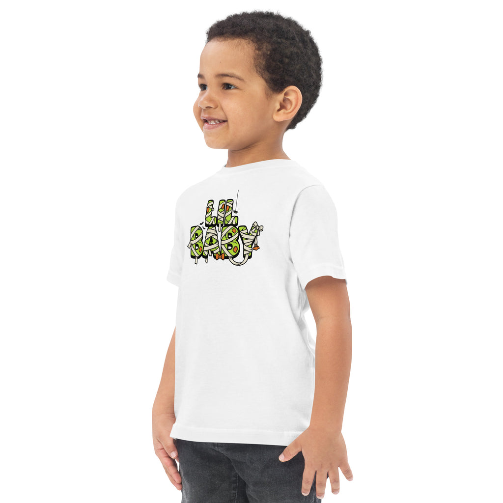 LIL BABY Halloween monster name Toddler Jersey T-Shirt in Navy with spooky front lettering and blank back
