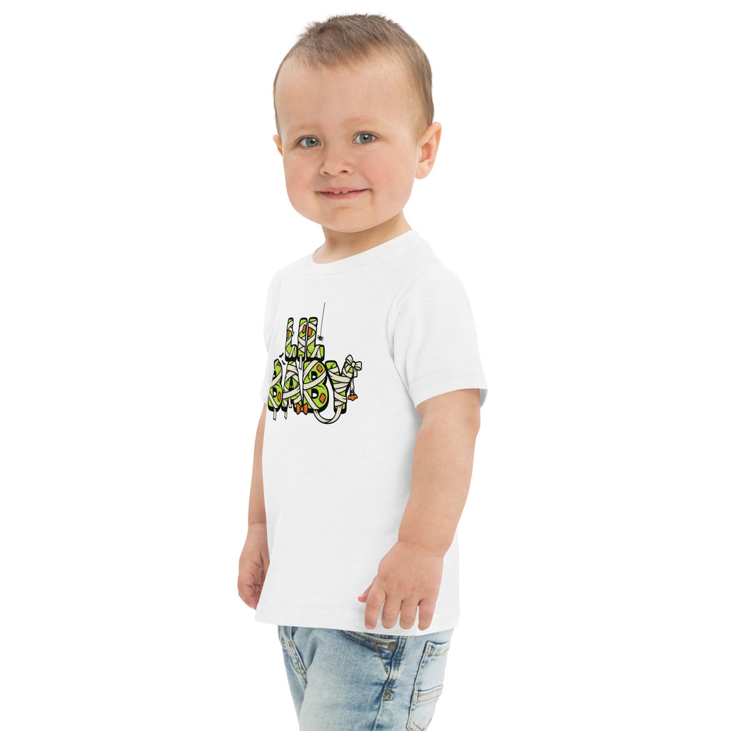 LIL BABY Halloween monster name Toddler Jersey T-Shirt in Heather with spooky front lettering and blank back