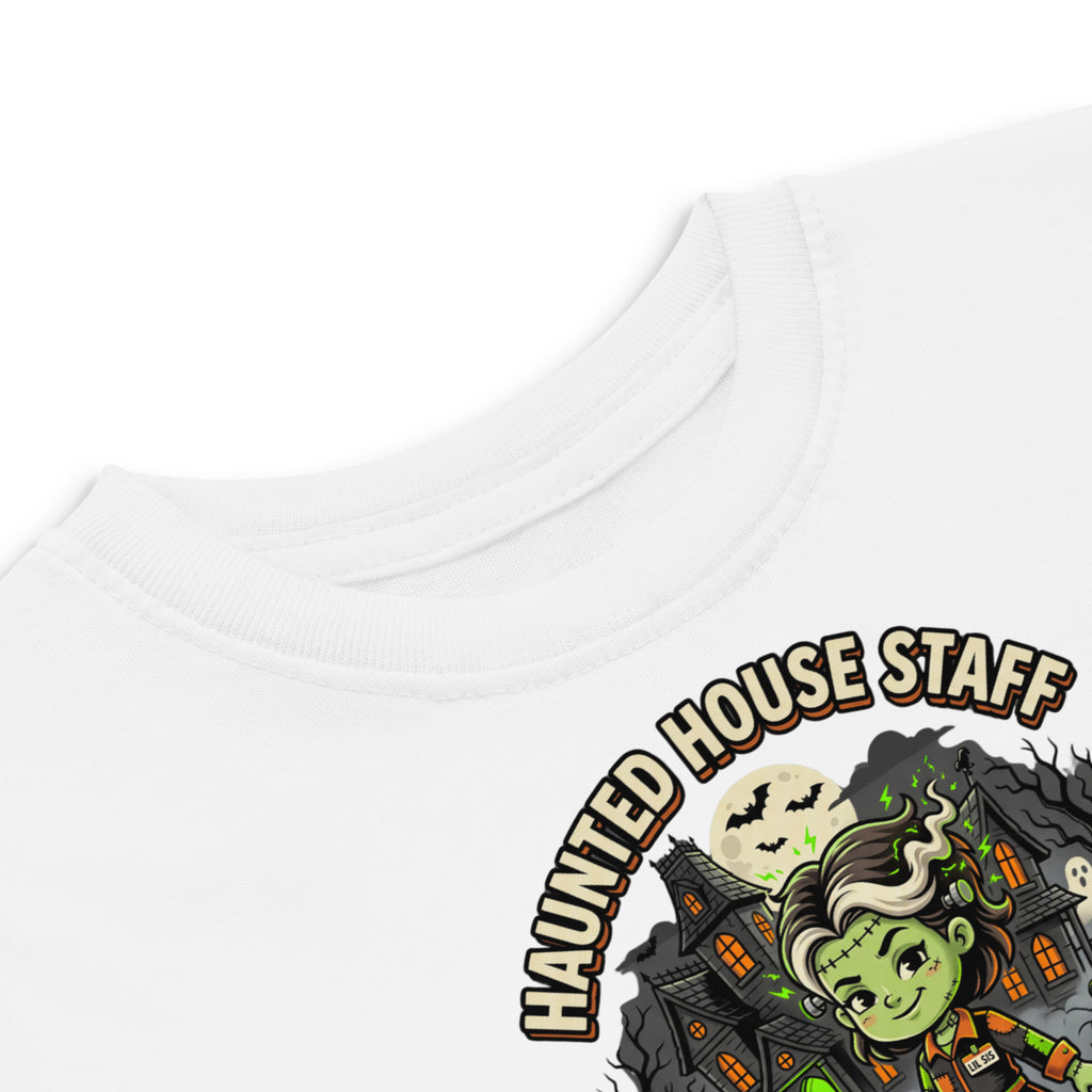 Haunted House Staff Lil Sis “Pumpkin Patch Patrol” Toddler Jersey T-Shirt with Pumpkin Patch Patrol front design and matching LIL SIS back graphic for Halloween family outfits