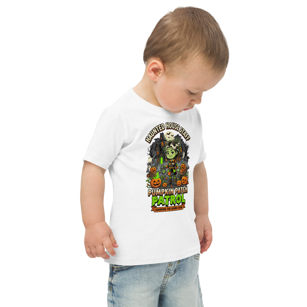 Haunted House Staff Lil Sis “Pumpkin Patch Patrol” Toddler Jersey T-Shirt with Pumpkin Patch Patrol front design and matching LIL SIS back graphic for Halloween family outfits