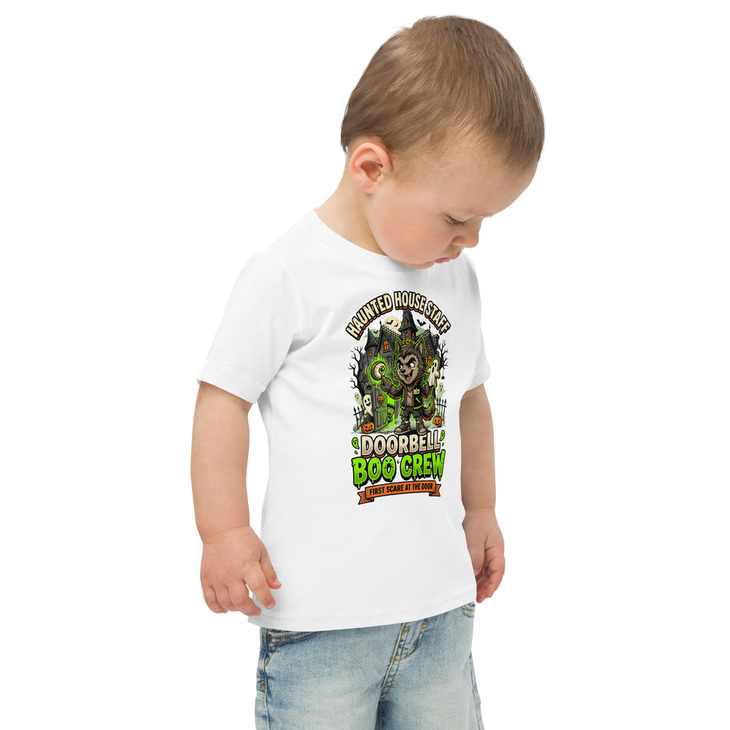 Haunted House Staff Lil Bro “Doorbell Boo Crew” Toddler Jersey T-Shirt with Doorbell Boo Crew front design and matching LIL BRO back graphic for Halloween family outfits