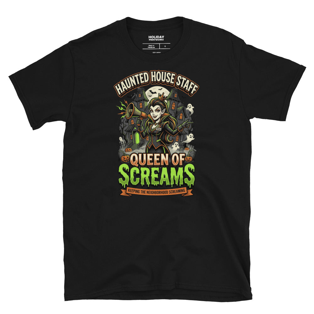 Haunted House Staff Mom “Queen of Screams” Unisex T-Shirt with Queen of Screams front design and matching MOM back graphic for Halloween family outfits