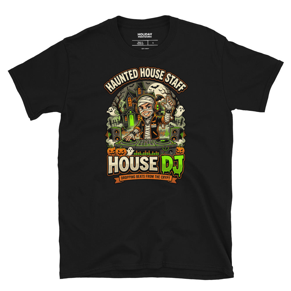 Haunted House Staff Brother “House DJ” Unisex T-Shirt with House DJ front design and matching BROTHER back graphic for Halloween family outfits