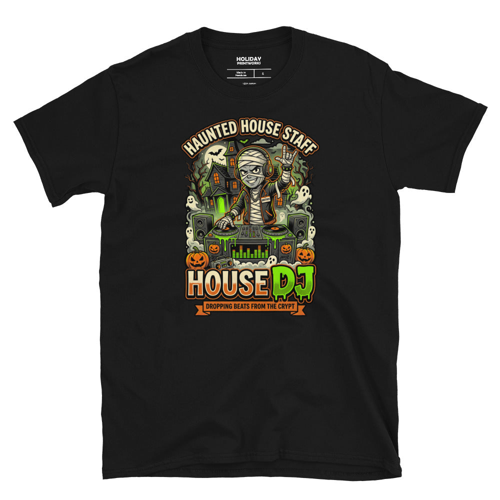 Haunted House Staff Brother “House DJ” Grey Unisex T-Shirt with House DJ front design and matching BROTHER back graphic for Halloween family outfits