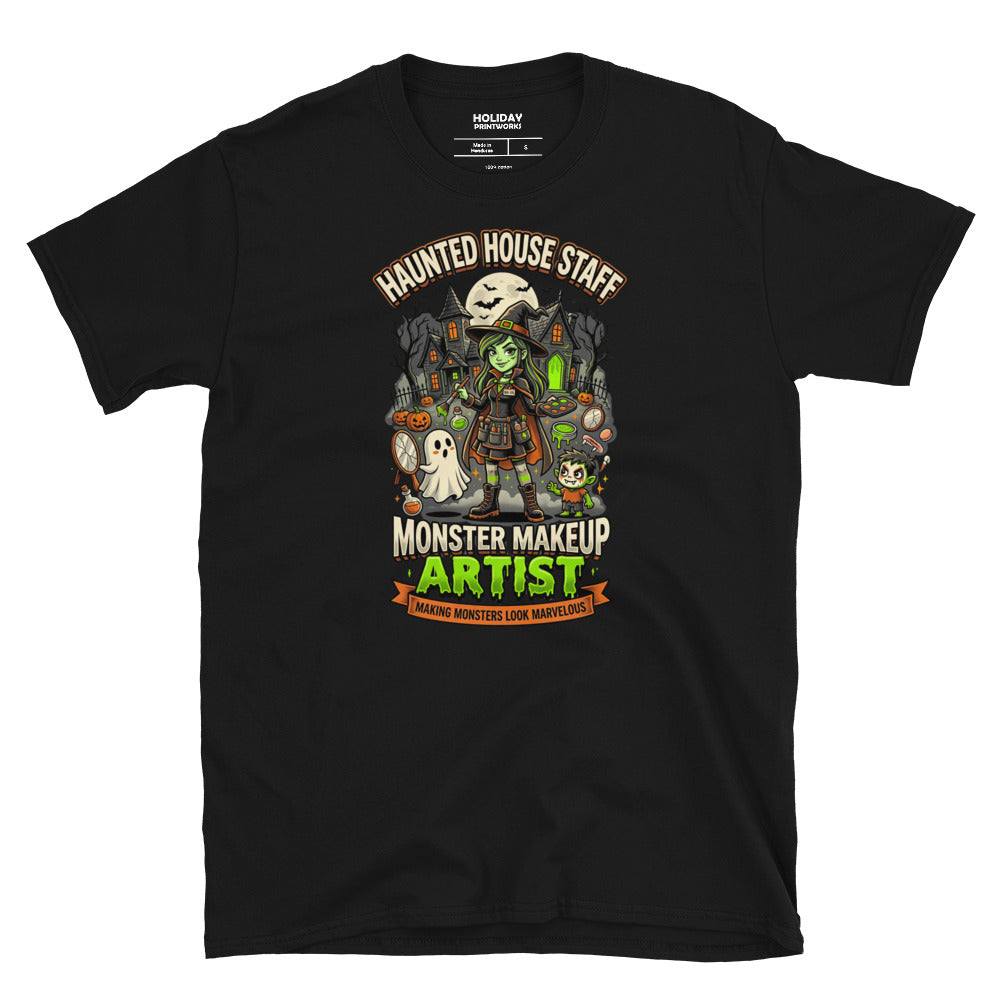 Haunted House Staff Big Sis “Monster Makeup Artist” Green Unisex T-Shirt with Monster Makeup Artist front design and matching BIG SIS back graphic for Halloween family outfits