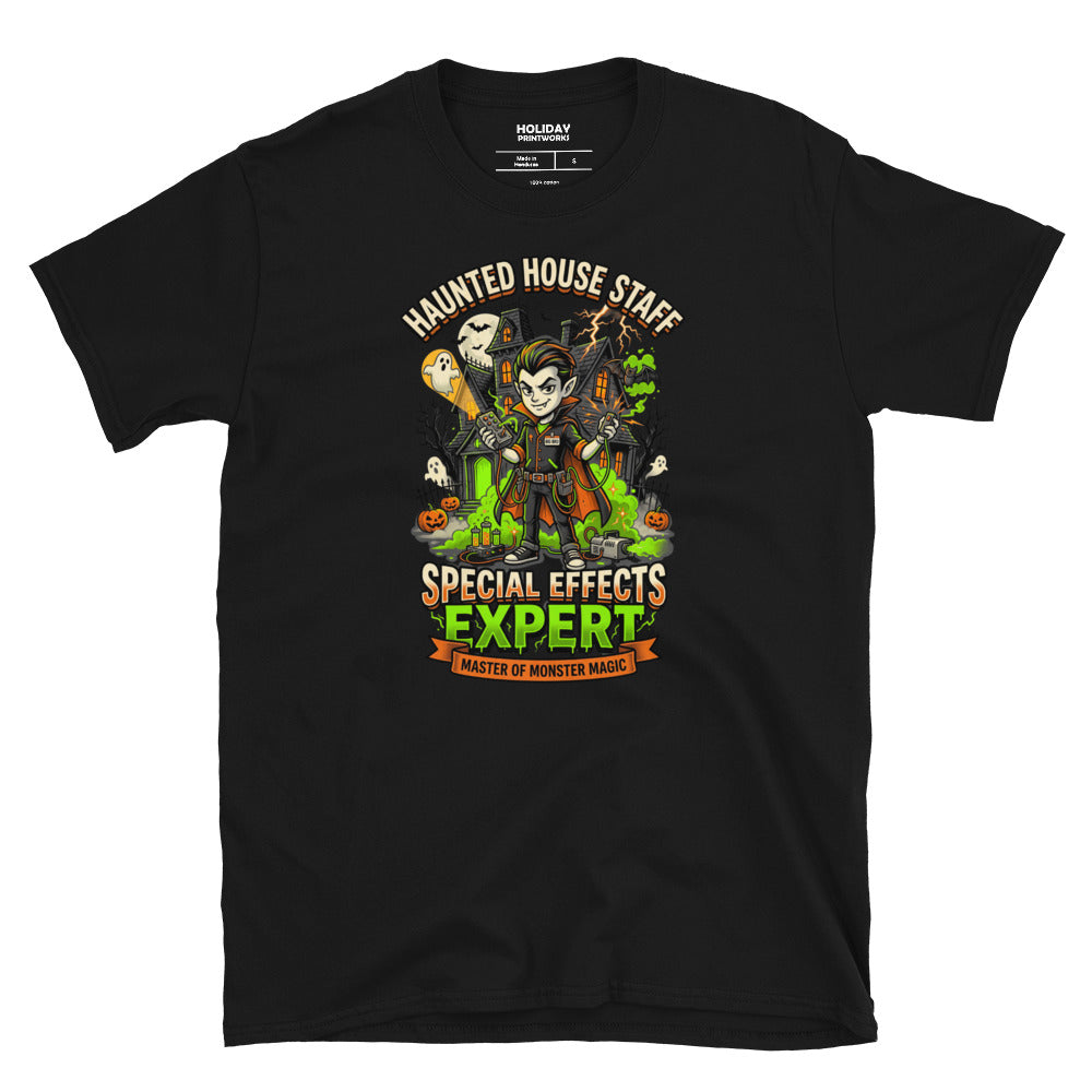 Haunted House Staff Big Bro “Special Effects Expert” Unisex T-Shirt with Special Effects Expert front design and matching BIG BRO back graphic for Halloween family outfits