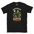 Haunted House Staff Dad “Head Haunter” Unisex T-Shirt with Head Haunter front design and matching DAD back graphic for Halloween family outfits