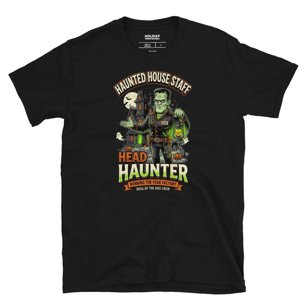 Haunted House Staff Dad “Head Haunter” Unisex T-Shirt with Head Haunter front design and matching DAD back graphic for Halloween family outfits