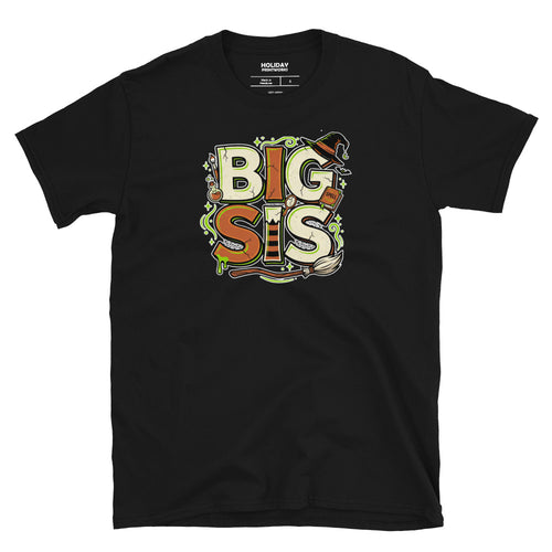 BIG SIS Halloween monster name Unisex T-Shirt in Black with spooky front lettering and blank back