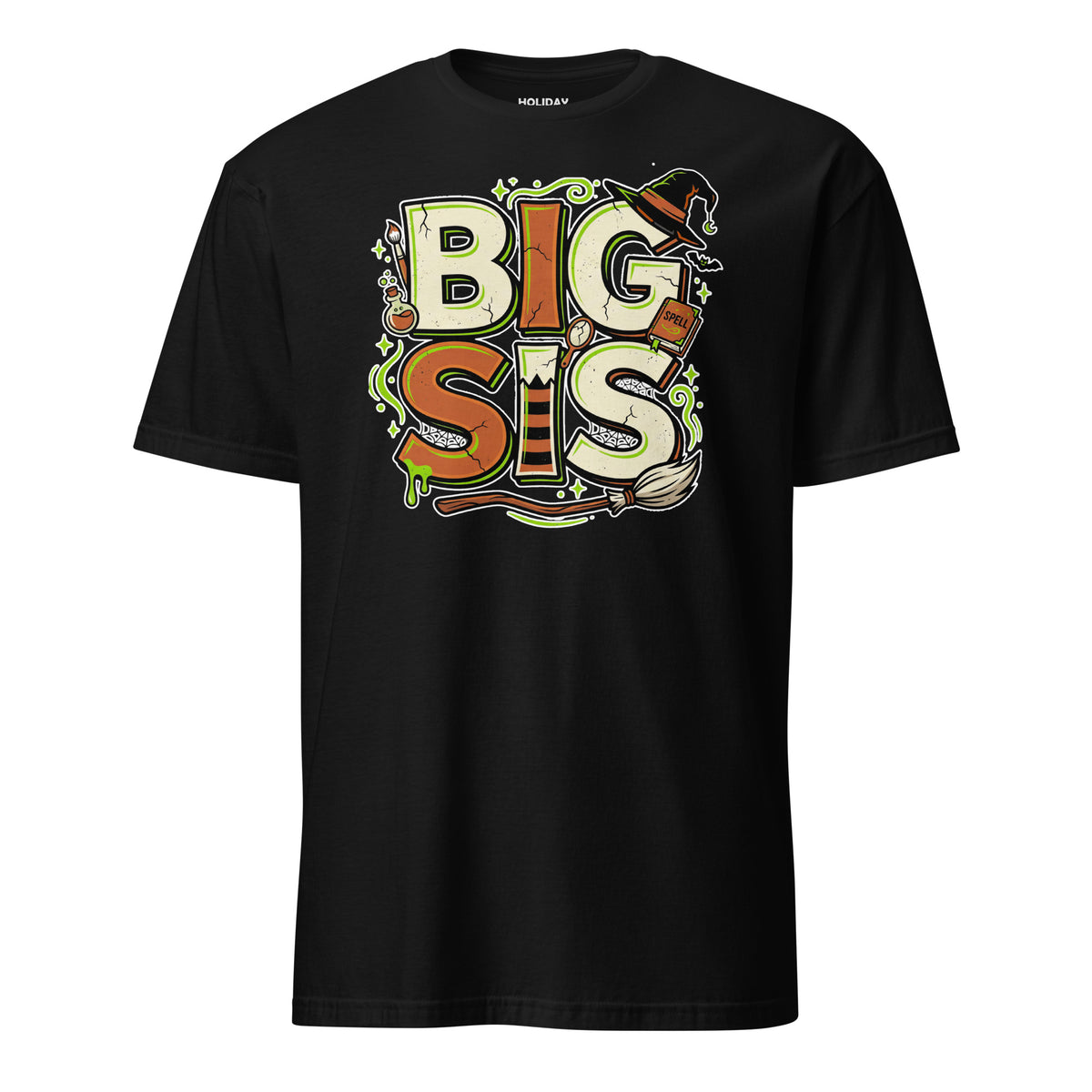 BIG SIS Halloween monster name Unisex T-Shirt in Black with spooky front lettering and blank back