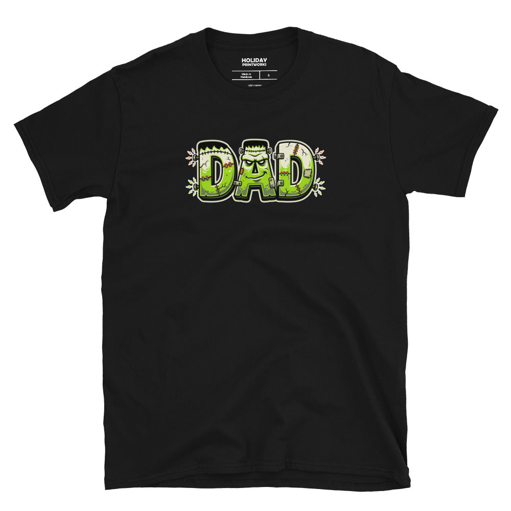 DAD Halloween monster name Unisex T-Shirt in Black with spooky front lettering and blank back