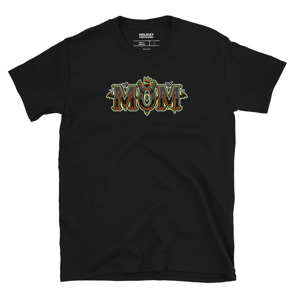 MOM Halloween monster name Unisex T-Shirt in Black with spooky front lettering and blank back