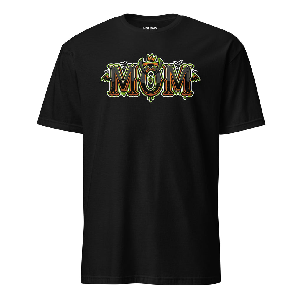 MOM Halloween monster name Unisex T-Shirt in Black with spooky front lettering and blank back