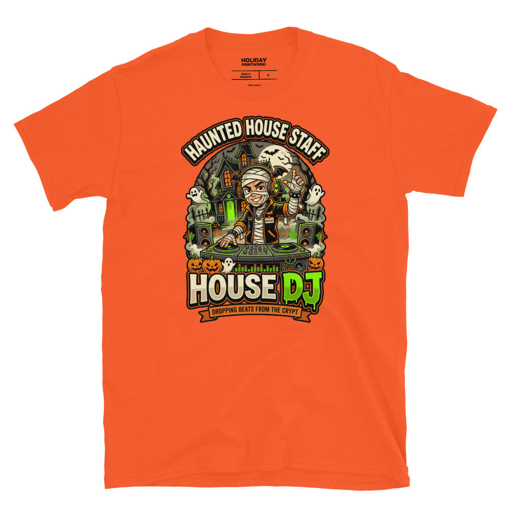 Haunted House Staff Brother “House DJ” Unisex T-Shirt with House DJ front design and matching BROTHER back graphic for Halloween family outfits