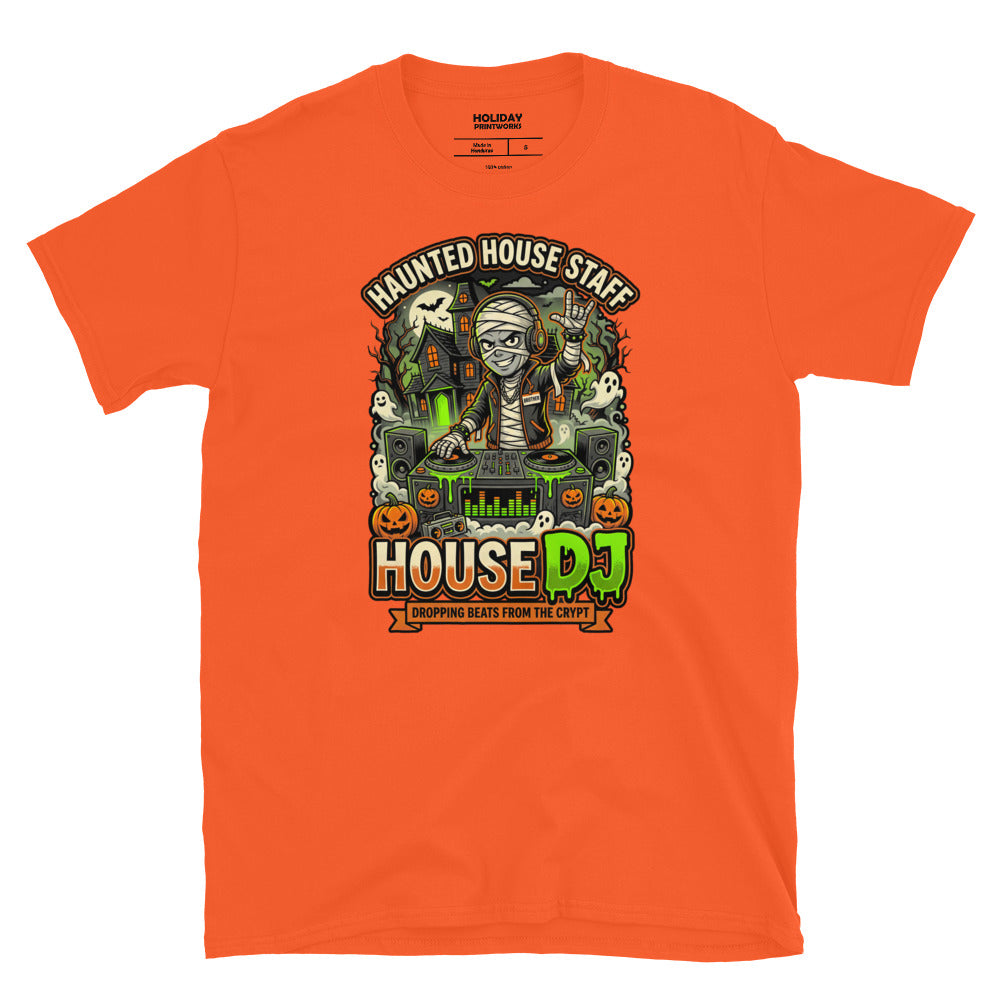 Haunted House Staff Brother “House DJ” Grey Unisex T-Shirt with House DJ front design and matching BROTHER back graphic for Halloween family outfits