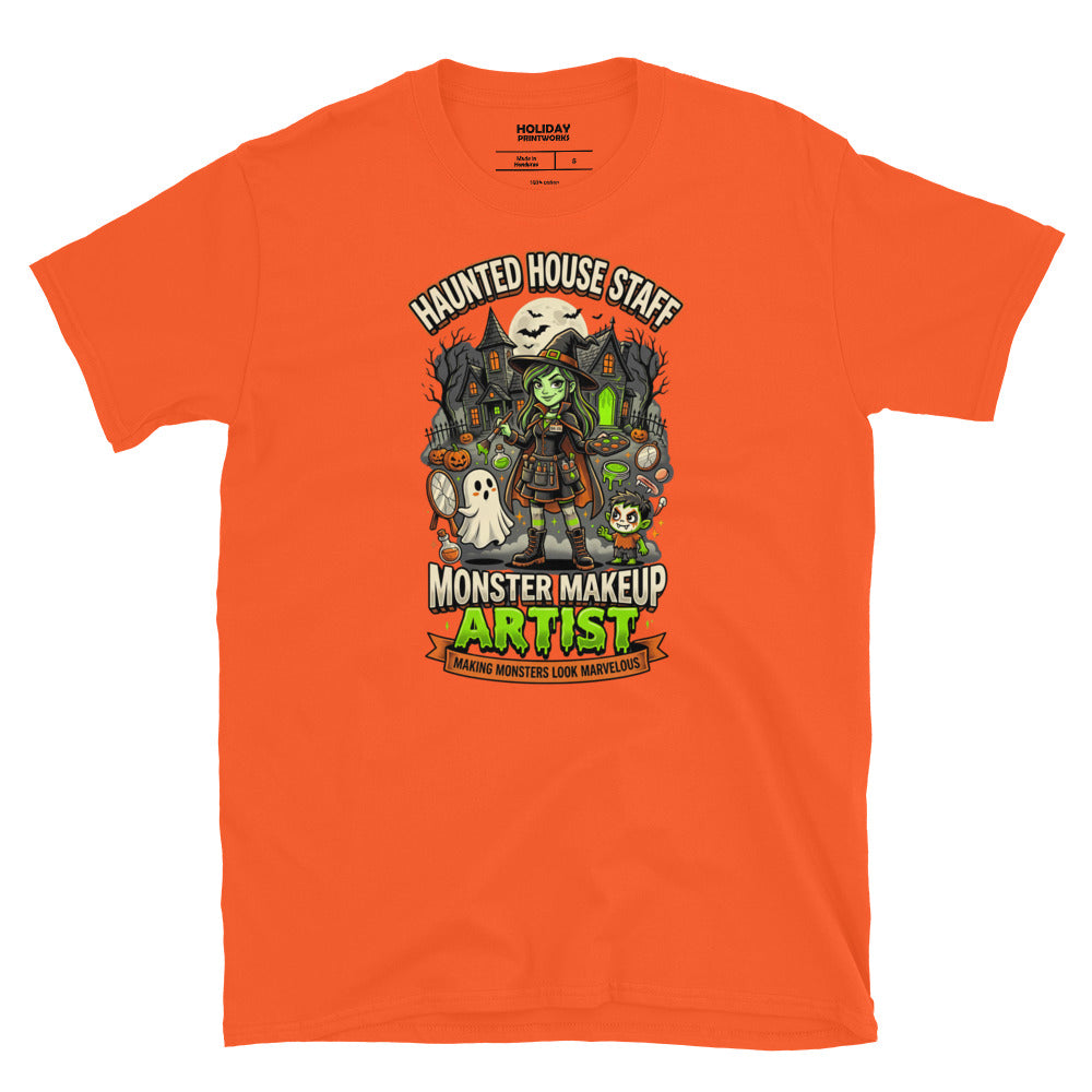 Haunted House Staff Big Sis “Monster Makeup Artist” Green Unisex T-Shirt with Monster Makeup Artist front design and matching BIG SIS back graphic for Halloween family outfits