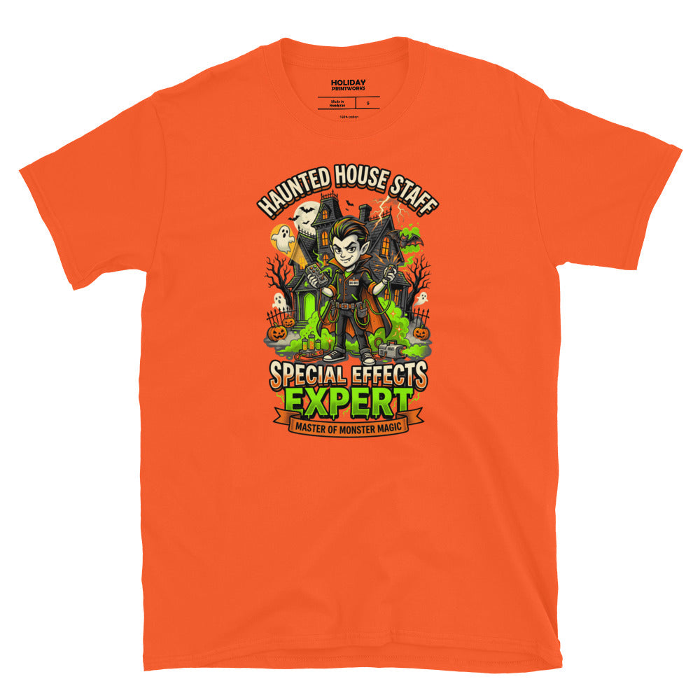 Haunted House Staff Big Bro “Special Effects Expert” Unisex T-Shirt with Special Effects Expert front design and matching BIG BRO back graphic for Halloween family outfits