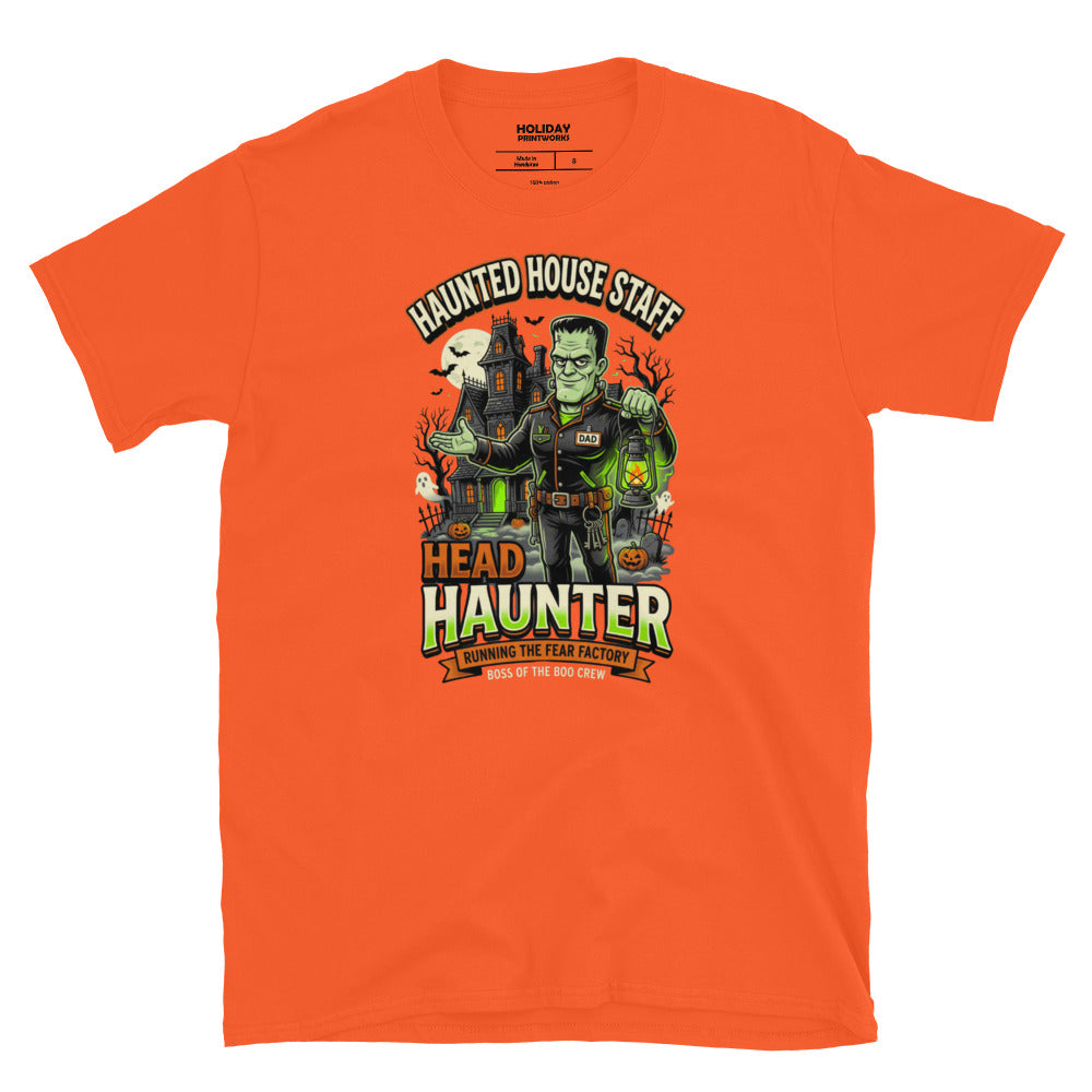 Haunted House Staff Dad “Head Haunter” Unisex T-Shirt with Head Haunter front design and matching DAD back graphic for Halloween family outfits