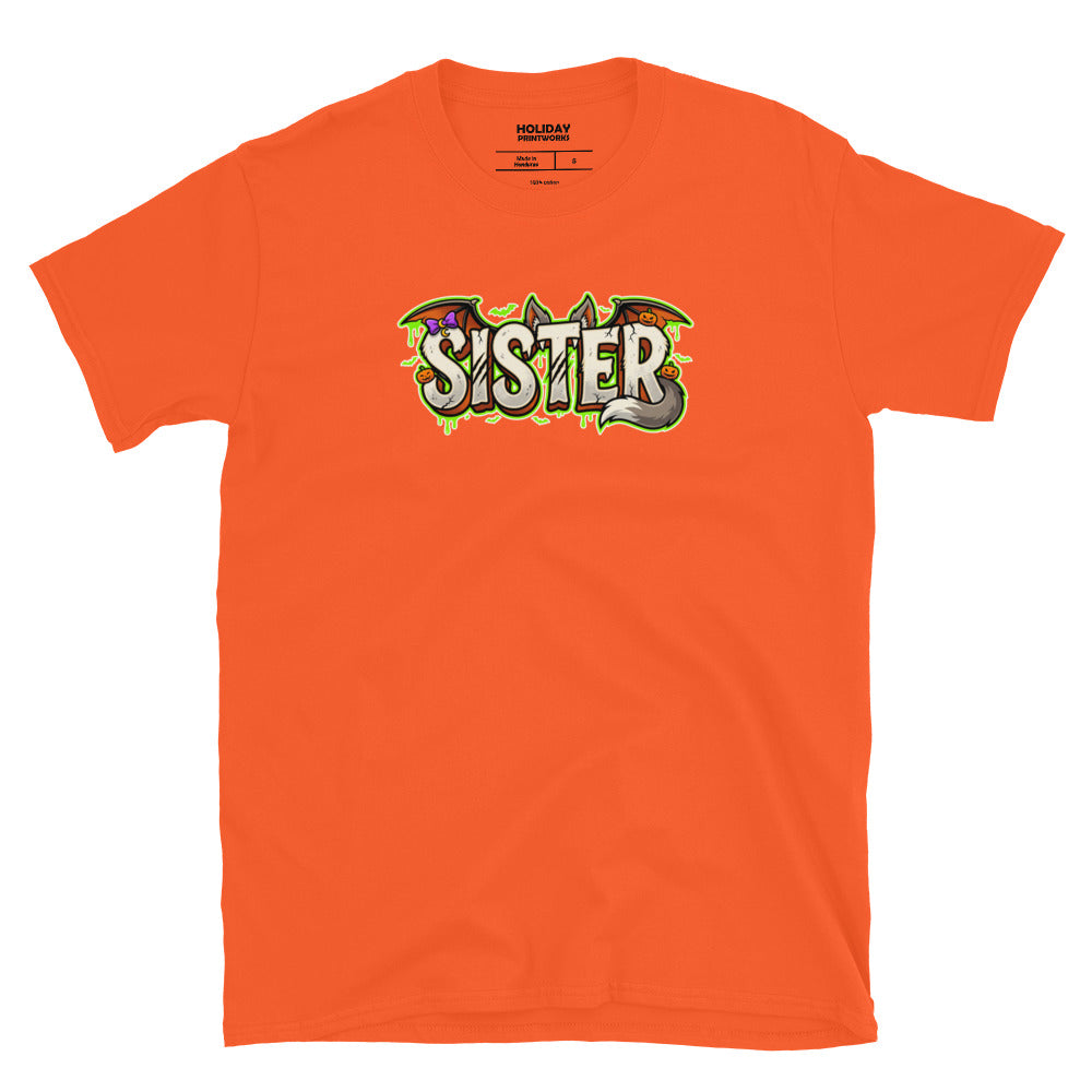 SISTER Halloween monster name Unisex T-Shirt in Black with spooky front lettering and blank back
