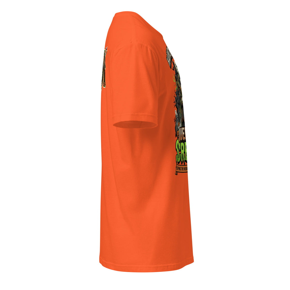 Haunted House Staff Mom “Queen of Screams” Unisex T-Shirt with Queen of Screams front design and matching MOM back graphic for Halloween family outfits