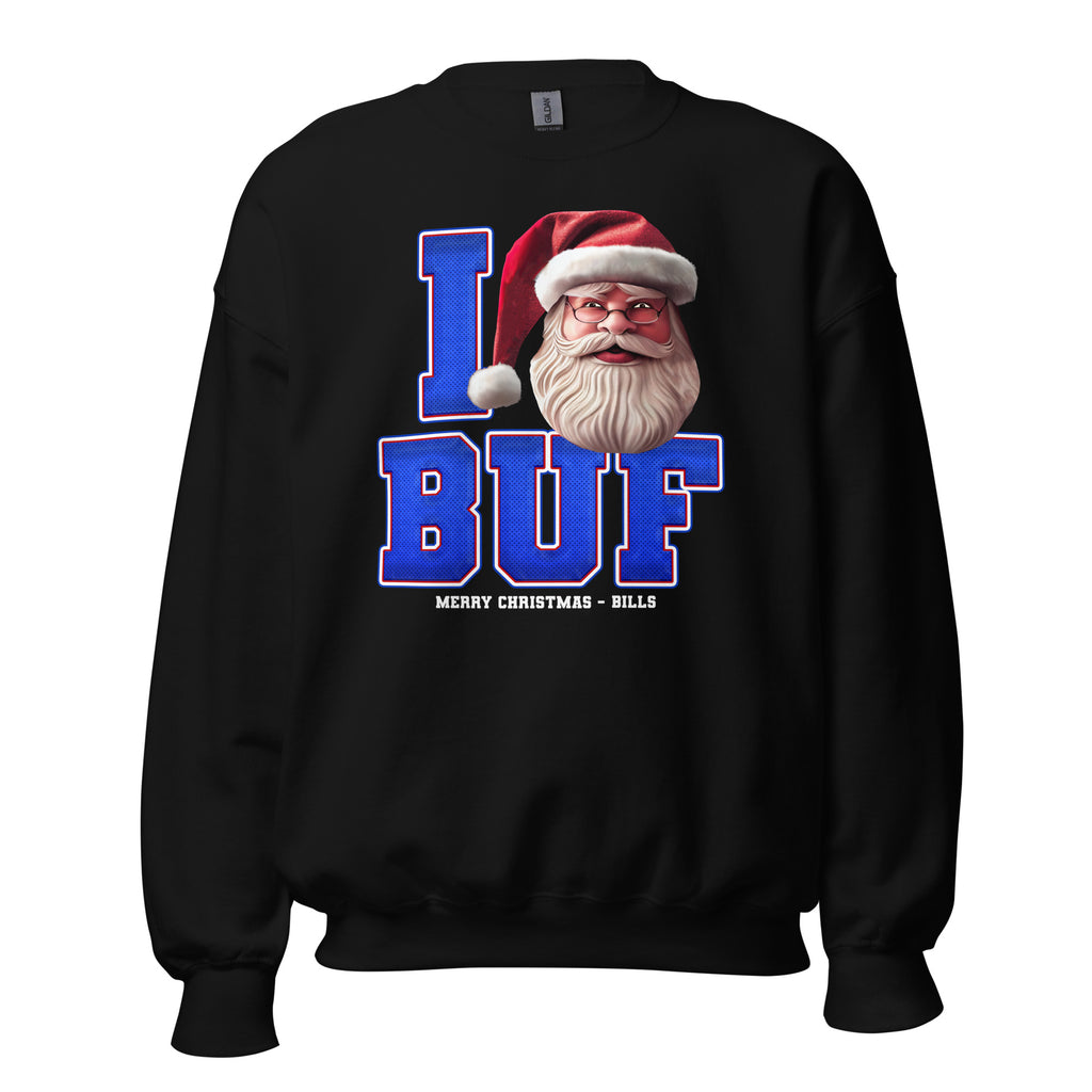 Back/detail view of I BUF Santa — Buffalo Football Crewneck Sweatshirt graphic sweatshirt