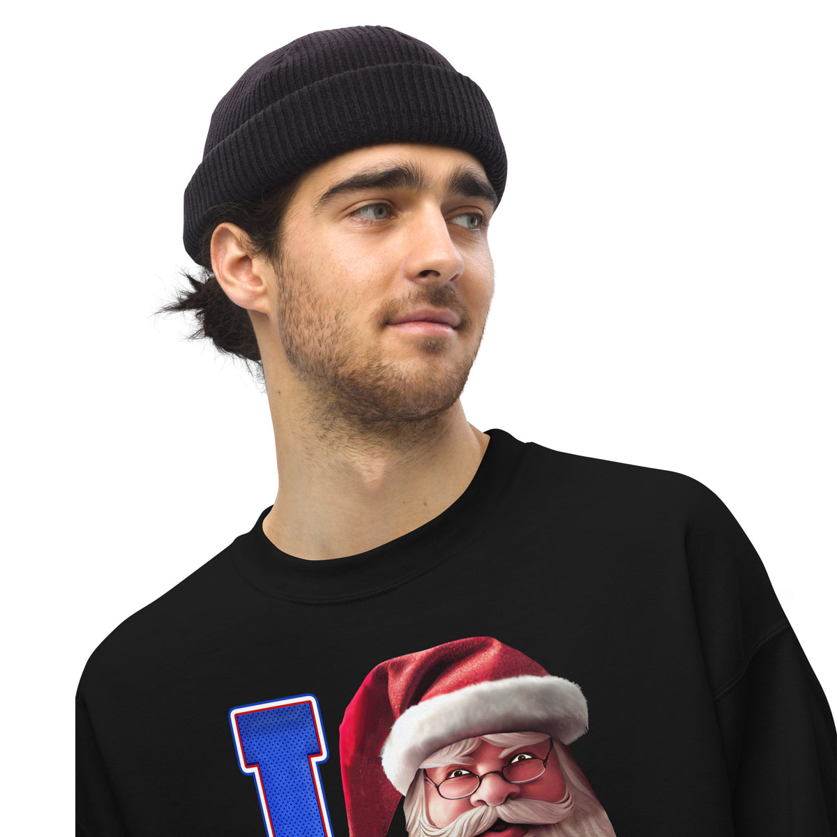 Back/detail view of I BUF Santa — Buffalo Football Crewneck Sweatshirt graphic sweatshirt